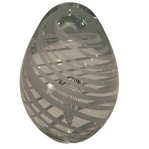 Art Glass Oval Paperweight with One Controlled Bubble Clear with White Swirls